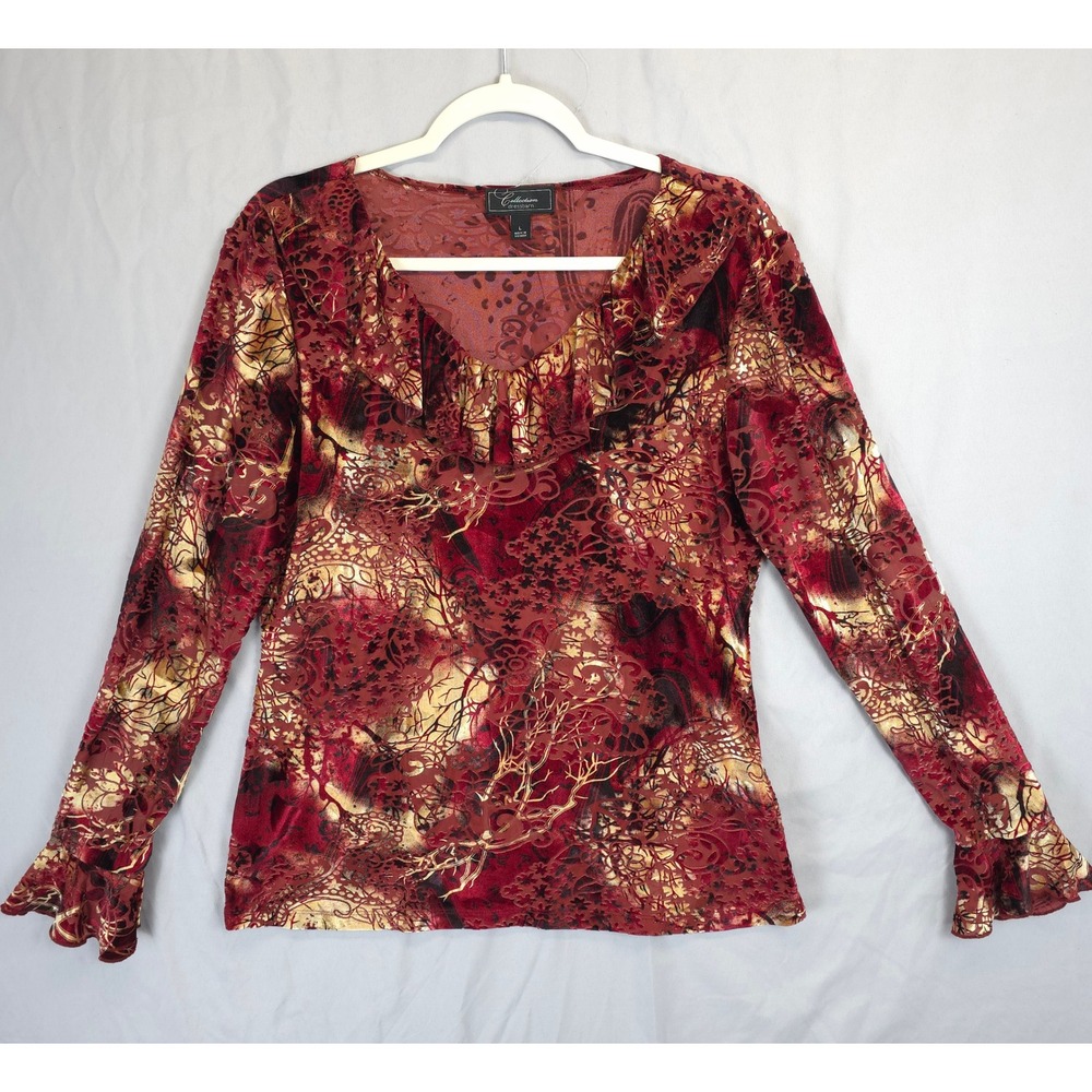 Dressbarn Velvet Burnout Boho Top Ruffle V-Neck Long Sleeve Women L Y2K Romantic